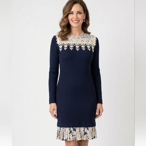 Jeffrey & Dara Vintage Chic Navy Sweater Dress with Lace Sz 12